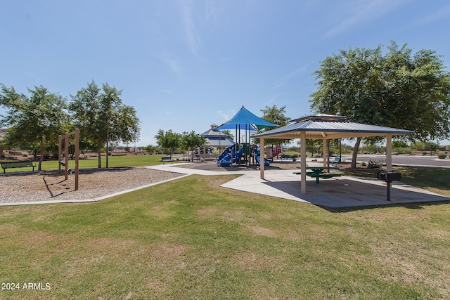 view of home's community featuring a lawn, a gazebo, and a playground