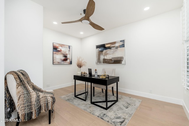 home office featuring ceiling fan, wood finished floors, recessed lighting, and baseboards