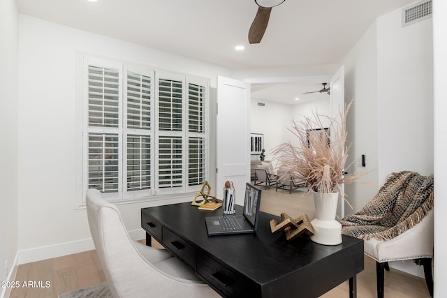 dining room with ceiling fan, wood finished floors, recessed lighting, baseboards, and an office area