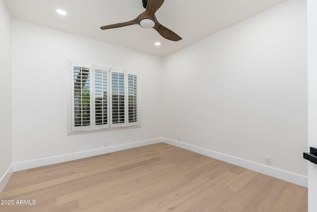unfurnished room with light wood finished floors, ceiling fan, baseboards, and recessed lighting