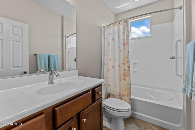 full bathroom featuring vanity, toilet, and shower / bathtub combination with curtain