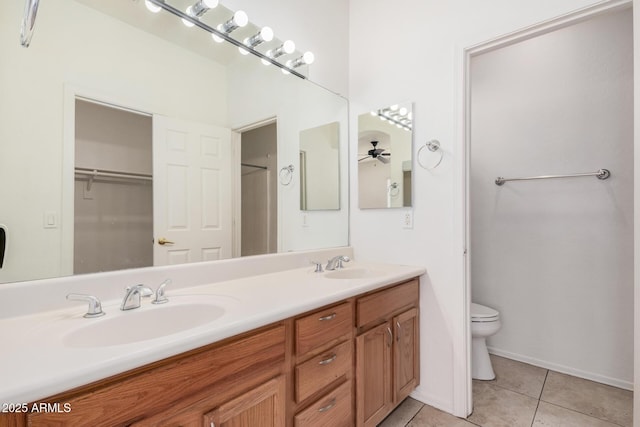 bathroom with toilet, tile patterned flooring, ceiling fan, and vanity