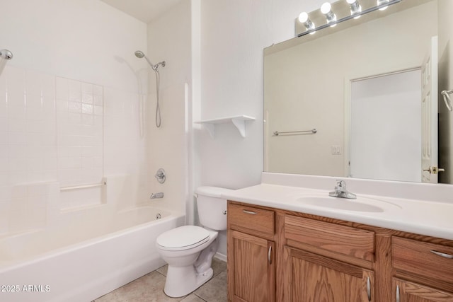 full bathroom featuring  shower combination, toilet, vanity, and tile patterned flooring