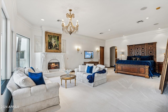 bedroom featuring a notable chandelier, light carpet, and crown molding