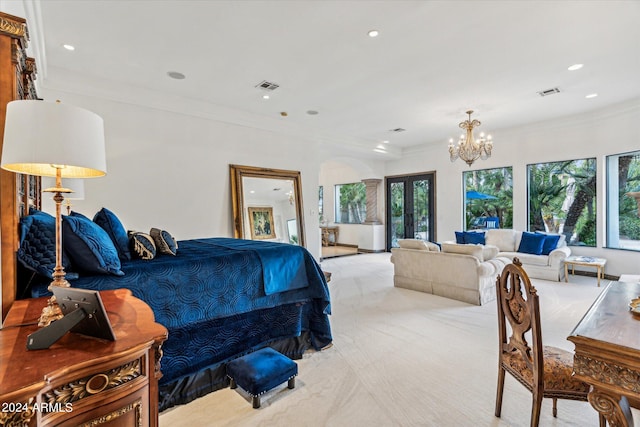 bedroom with french doors, crown molding, a chandelier, and light carpet