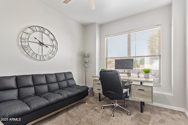 office area featuring carpet floors, a ceiling fan, and baseboards