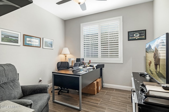 office featuring ceiling fan and dark hardwood / wood-style flooring