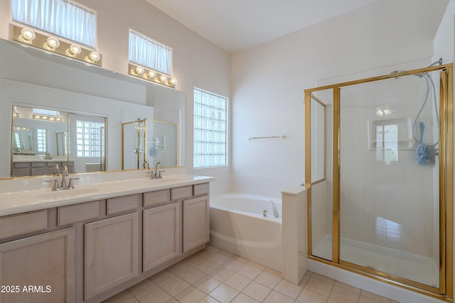 14806 E Lookout Ledge, Fountain Hills, AZ 85268 - full bathroom with a stall shower, a bath, double vanity, and tile patterned flooring