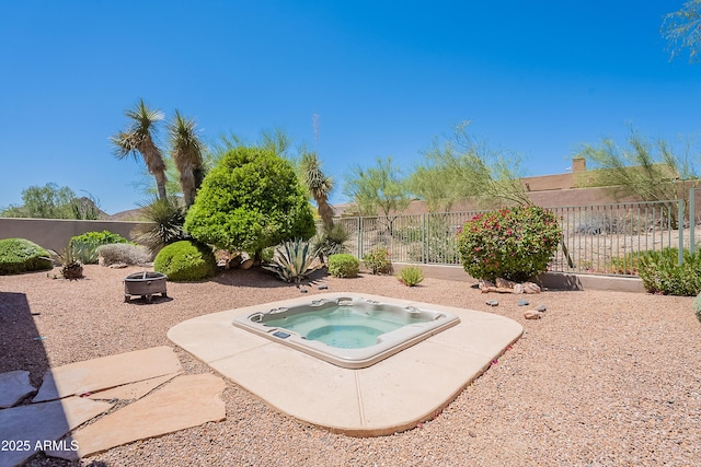 14806 E Lookout Ledge, Fountain Hills, AZ 85268 - view of swimming pool featuring an outdoor fire pit, a fenced backyard, and an in-ground hot tub
