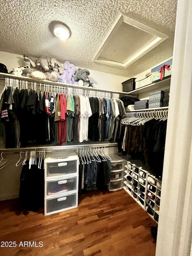 walk in closet featuring wood finished floors and attic access