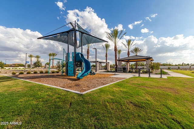 view of playground featuring a gazebo and a yard