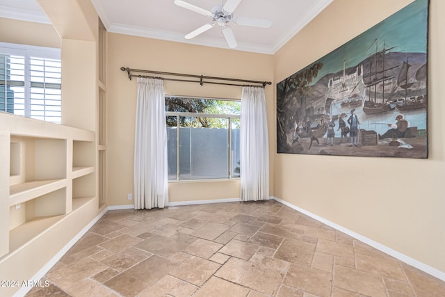 unfurnished room featuring ceiling fan, a healthy amount of sunlight, and ornamental molding