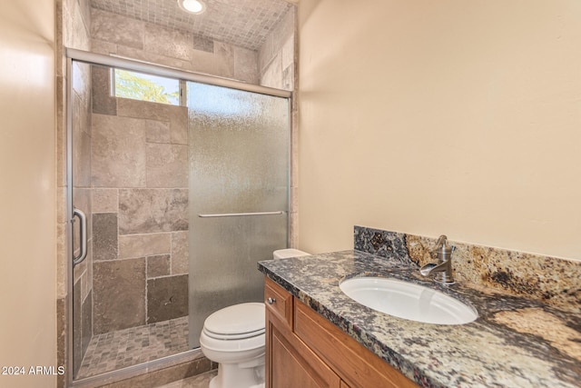 bathroom with vanity, an enclosed shower, and toilet