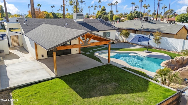 view of pool featuring a lawn, a gazebo, and a patio