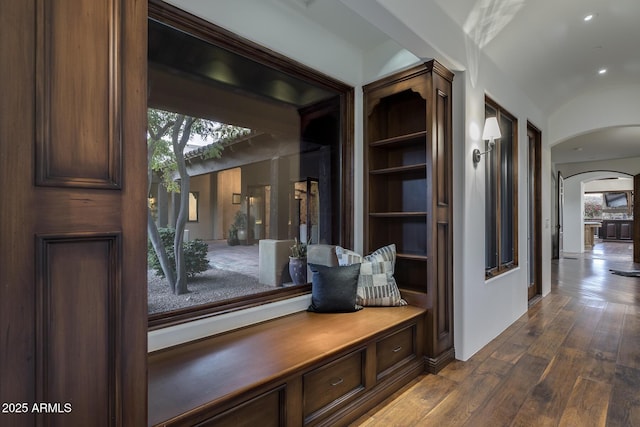 mudroom with dark hardwood / wood-style floors