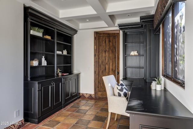 office space featuring beamed ceiling and coffered ceiling