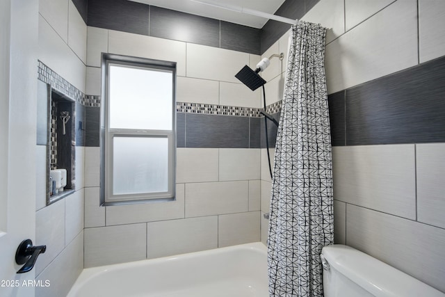 bathroom with toilet and shower / bathtub combination with curtain