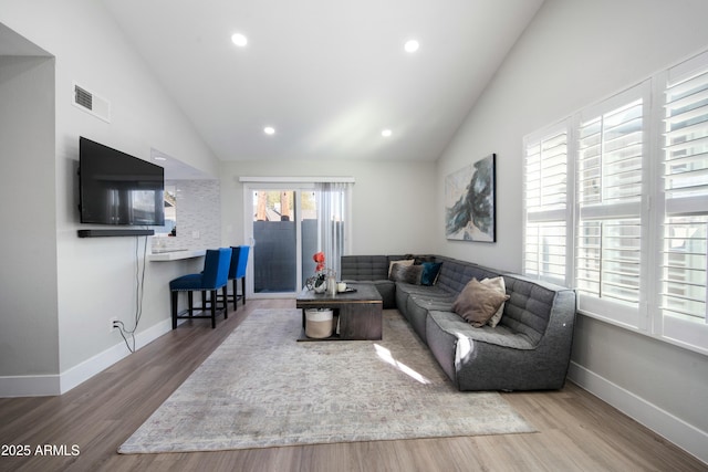 living room featuring wood-type flooring and high vaulted ceiling