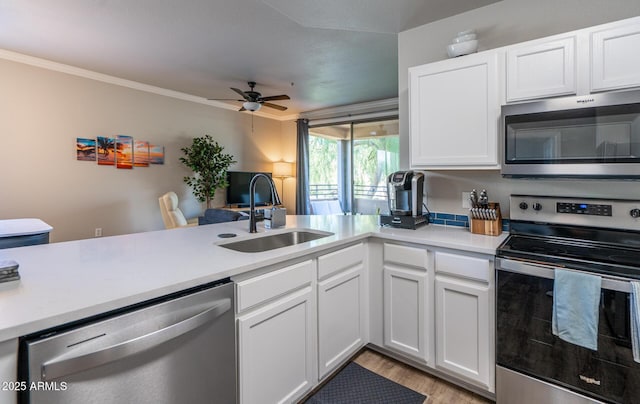 kitchen with appliances with stainless steel finishes, light countertops, a sink, and crown molding