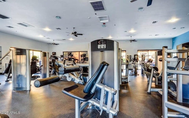 workout area featuring a ceiling fan and visible vents