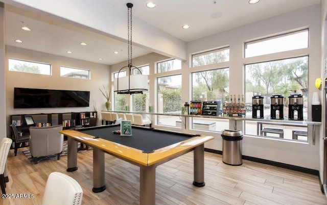 recreation room with light wood-type flooring, recessed lighting, and pool table