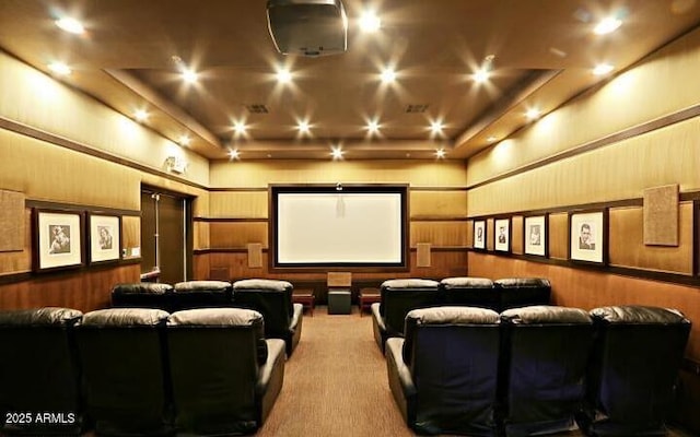 home theater featuring a tray ceiling, wood walls, and carpet flooring