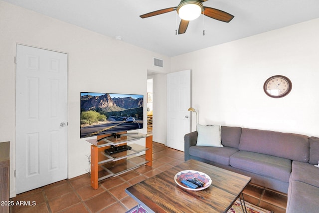 living area featuring tile patterned flooring, visible vents, and a ceiling fan