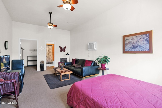 bedroom with carpet flooring, a wall mounted air conditioner, a high ceiling, and ceiling fan