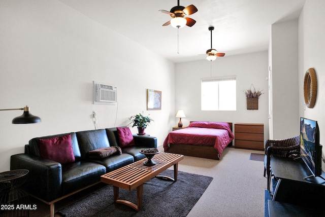 bedroom featuring carpet flooring, a wall mounted air conditioner, and ceiling fan