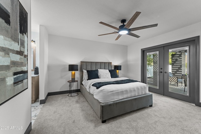 carpeted bedroom featuring access to outside, french doors, baseboards, and ceiling fan