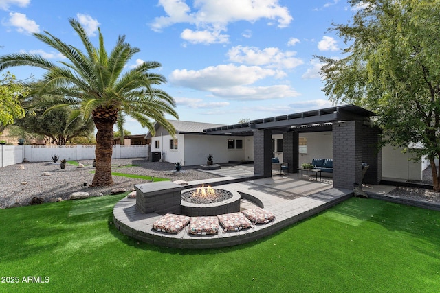 rear view of property featuring central air condition unit, a pergola, a patio, fence, and brick siding