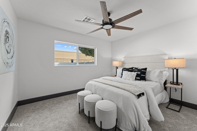 bedroom featuring carpet flooring, ceiling fan, visible vents, and baseboards