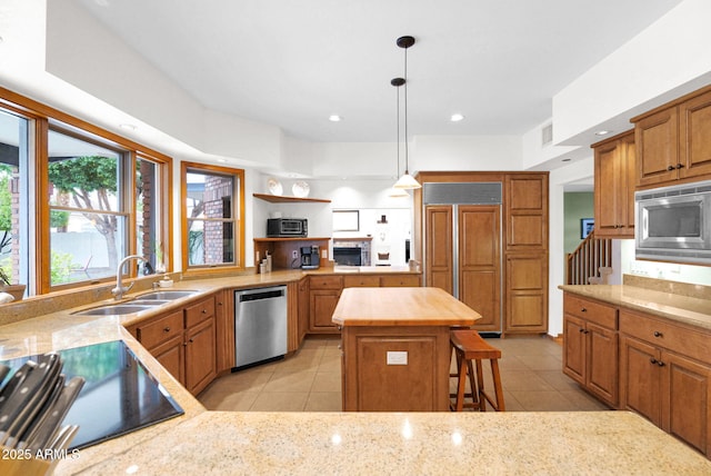 kitchen featuring a sink, open shelves, recessed lighting, light tile patterned flooring, and built in appliances