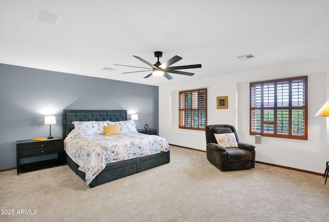 bedroom with visible vents, a ceiling fan, carpet, and baseboards