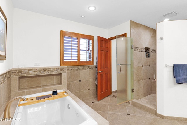 bathroom featuring visible vents, recessed lighting, a whirlpool tub, tile patterned flooring, and a shower stall