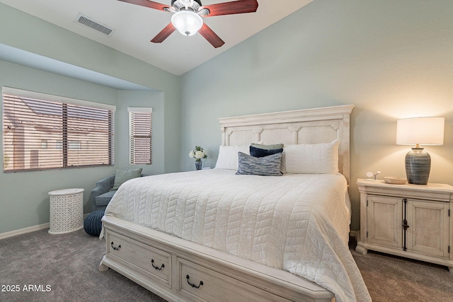 carpeted bedroom with lofted ceiling and ceiling fan