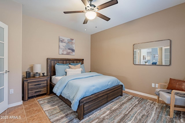 bedroom featuring ceiling fan and tile patterned floors