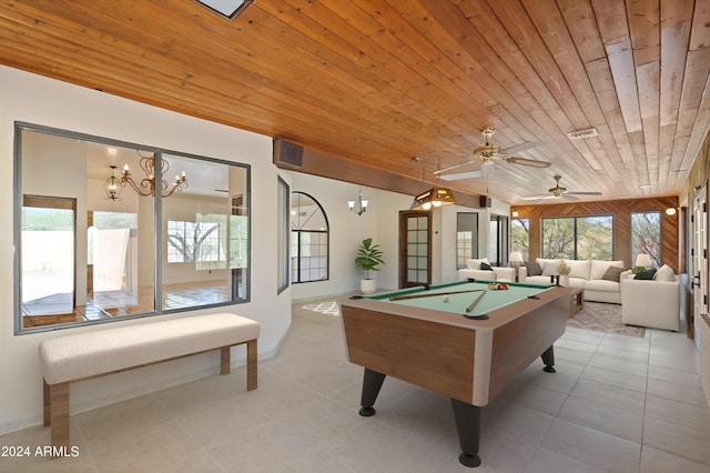 recreation room featuring ceiling fan with notable chandelier, wood ceiling, pool table, and a wealth of natural light