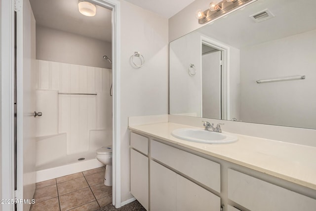 bathroom with visible vents, toilet, walk in shower, and tile patterned flooring