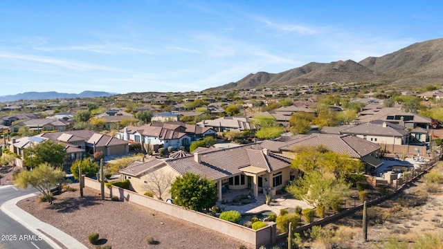 bird's eye view featuring a residential view and a mountain view