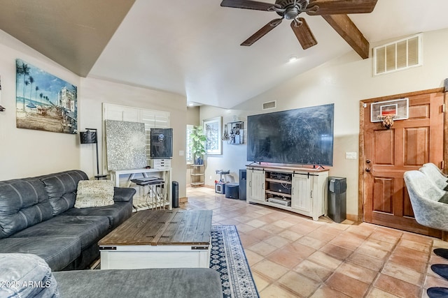 living room with ceiling fan and vaulted ceiling with beams