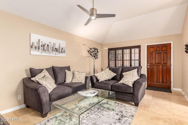 living room featuring baseboards, vaulted ceiling, a ceiling fan, and tile patterned floors