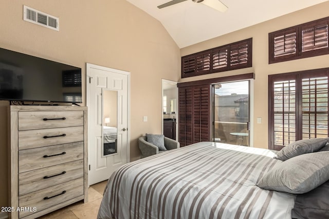 bedroom featuring light tile patterned floors, visible vents, a ceiling fan, vaulted ceiling, and access to outside