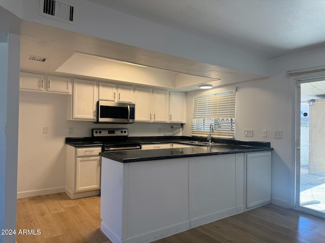 kitchen featuring white cabinetry, sink, kitchen peninsula, light hardwood / wood-style floors, and appliances with stainless steel finishes