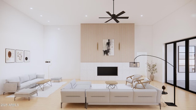 33962 N Cole Ranch Rd, Queen Creek, AZ 85144 - living area with recessed lighting, a ceiling fan, a towering ceiling, and wood finished floors