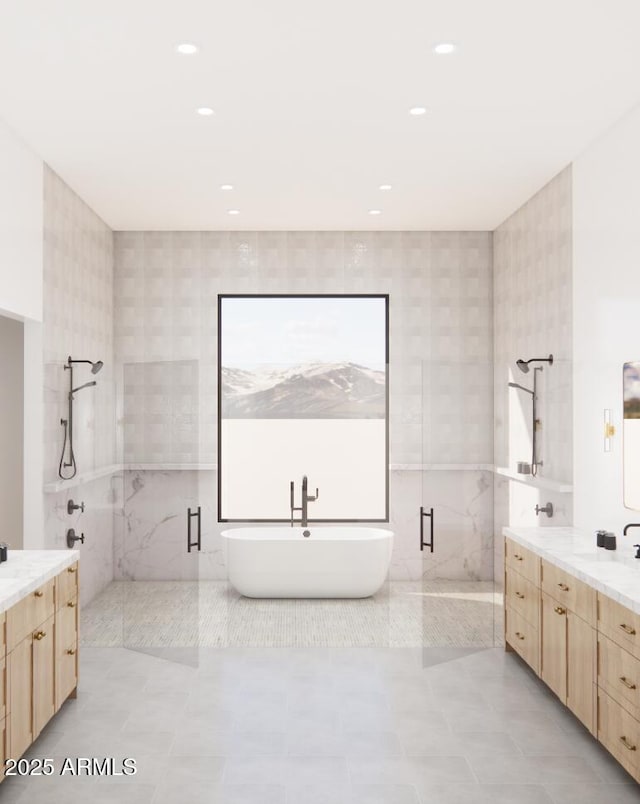 33962 N Cole Ranch Rd, Queen Creek, AZ 85144 - bathroom featuring recessed lighting, a shower stall, a soaking tub, and vanity
