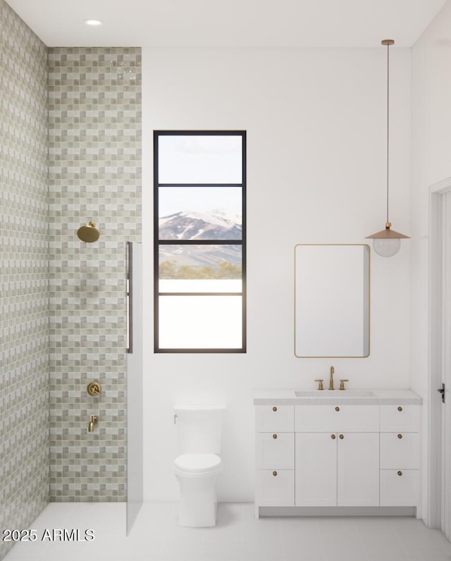 33962 N Cole Ranch Rd, Queen Creek, AZ 85144 - full bathroom featuring tile patterned flooring, a tile shower, toilet, and vanity