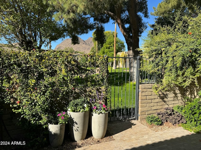 view of gate featuring a mountain view and a lawn