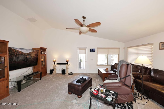 4506 E Lone Cactus Dr, Phoenix, AZ 85050 - carpeted living area featuring vaulted ceiling and ceiling fan