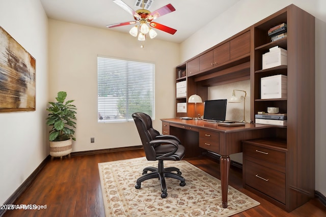 office space with ceiling fan and dark wood-type flooring